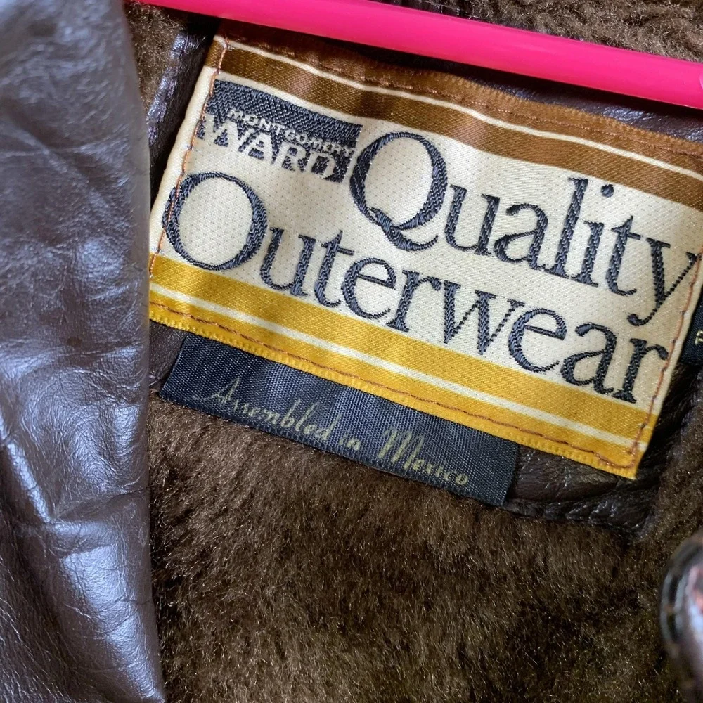 Vintage Montgomery Ward Jacket Mens 42‎ Brown Leather Car Coat Sherpa 70s 80s